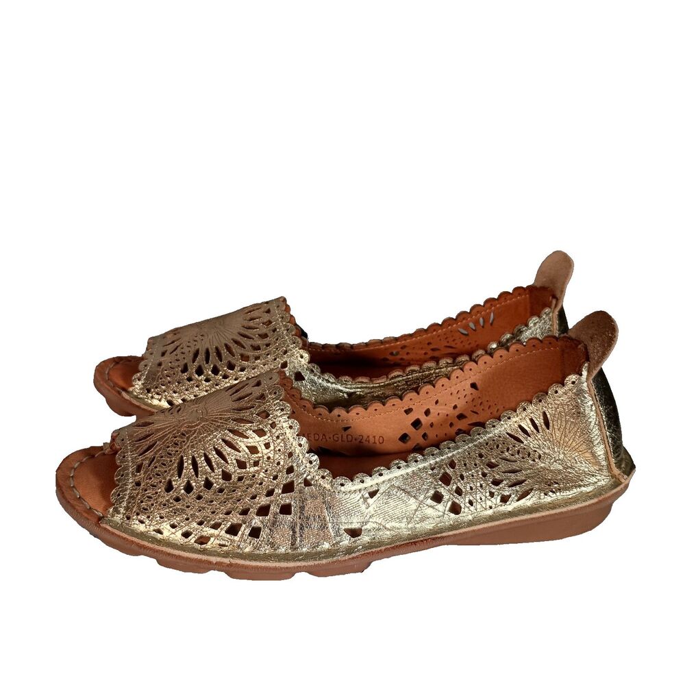 Spring Step Bormeda Shoes 37/6.5 - 7 Scalloped Slip On Peep Toe Leather Gold - Picture 6 of 11